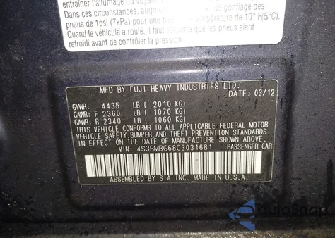 2012 Subaru Legacy 2.5I Premium from USA, damaged, VIN 4S3BMBG68C3031681